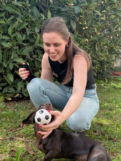 Veterinária brincando com cão filhote durante consulta pediátrica domiciliar em Joinville